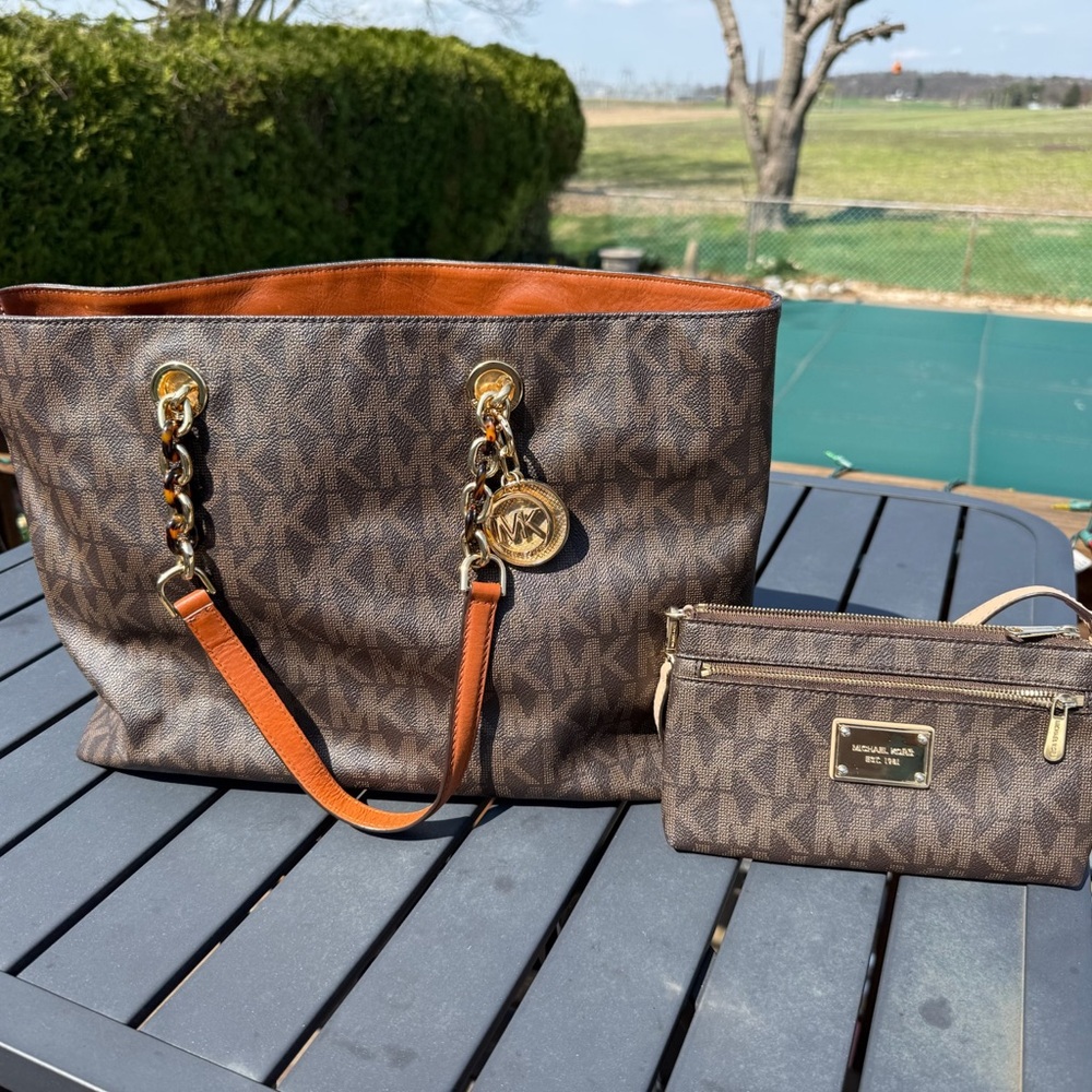 Michael Kors Brown/Chestnut MK Logo Tote with Wristlet